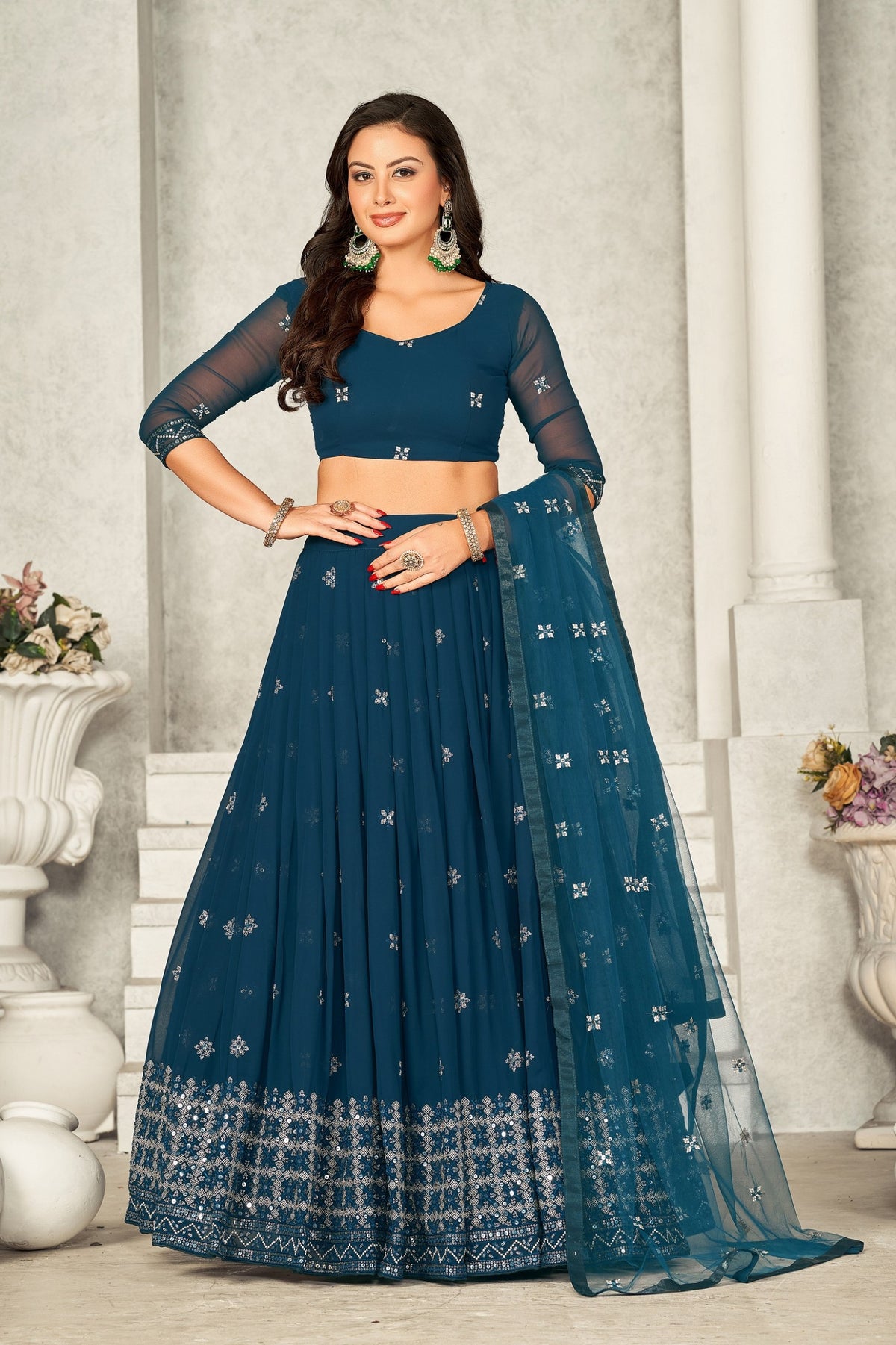 Stunning Rama Green Embroidered Georgette Lehenga Choli