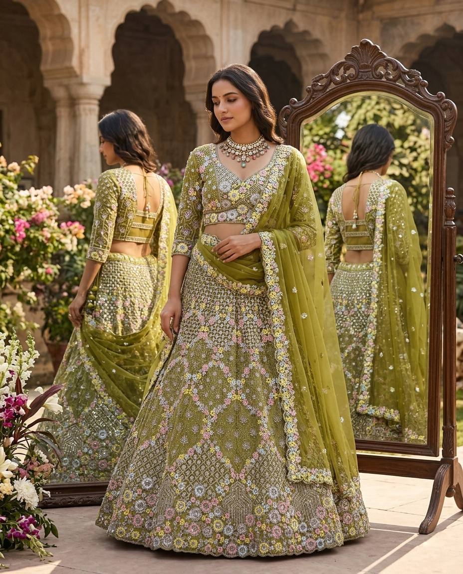 Stunning Mehendi Green Sequins Embroidered Lehenga Choli