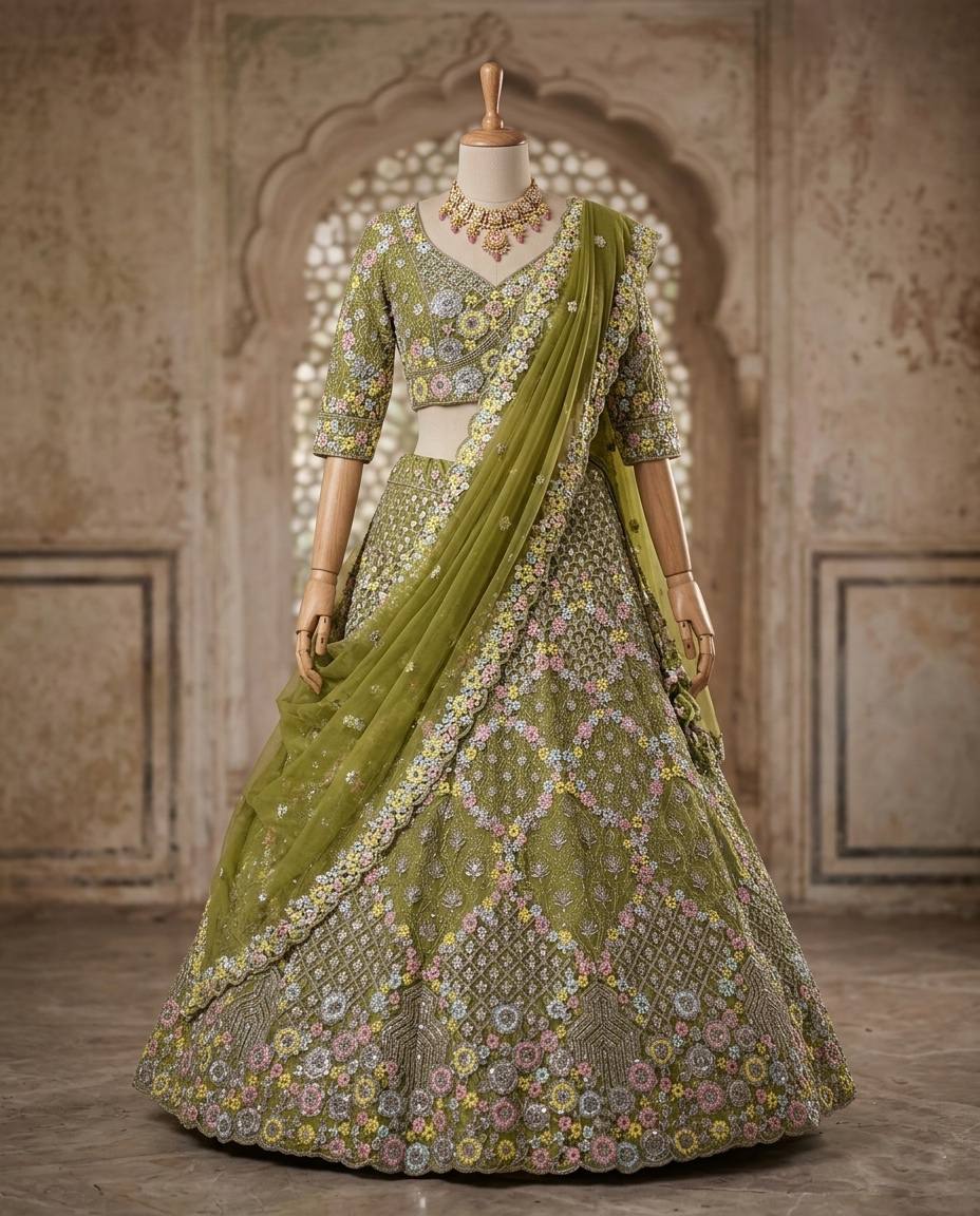Stunning Mehendi Green Sequins Embroidered Lehenga Choli