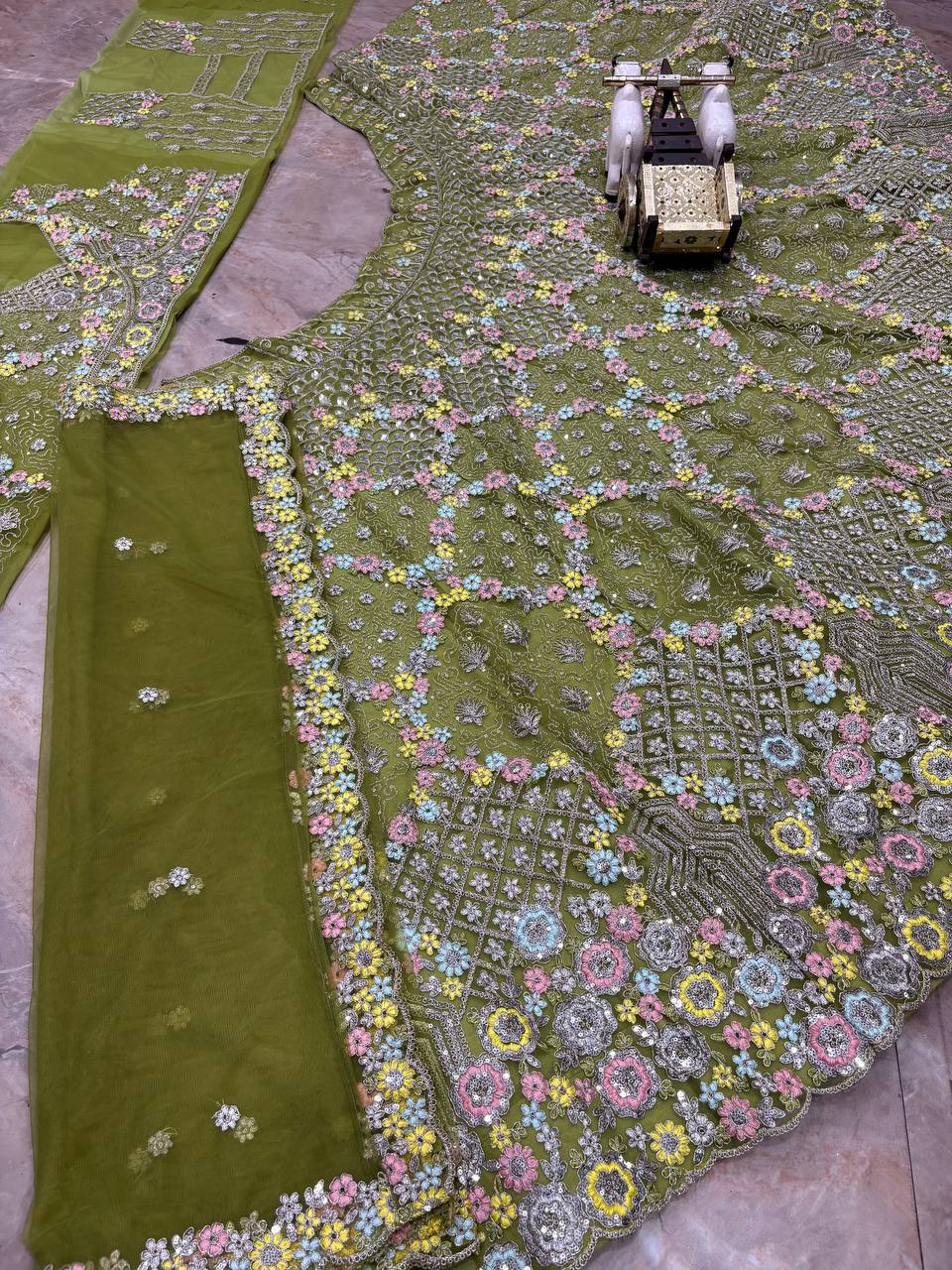 Stunning Mehendi Green Sequins Embroidered Lehenga Choli
