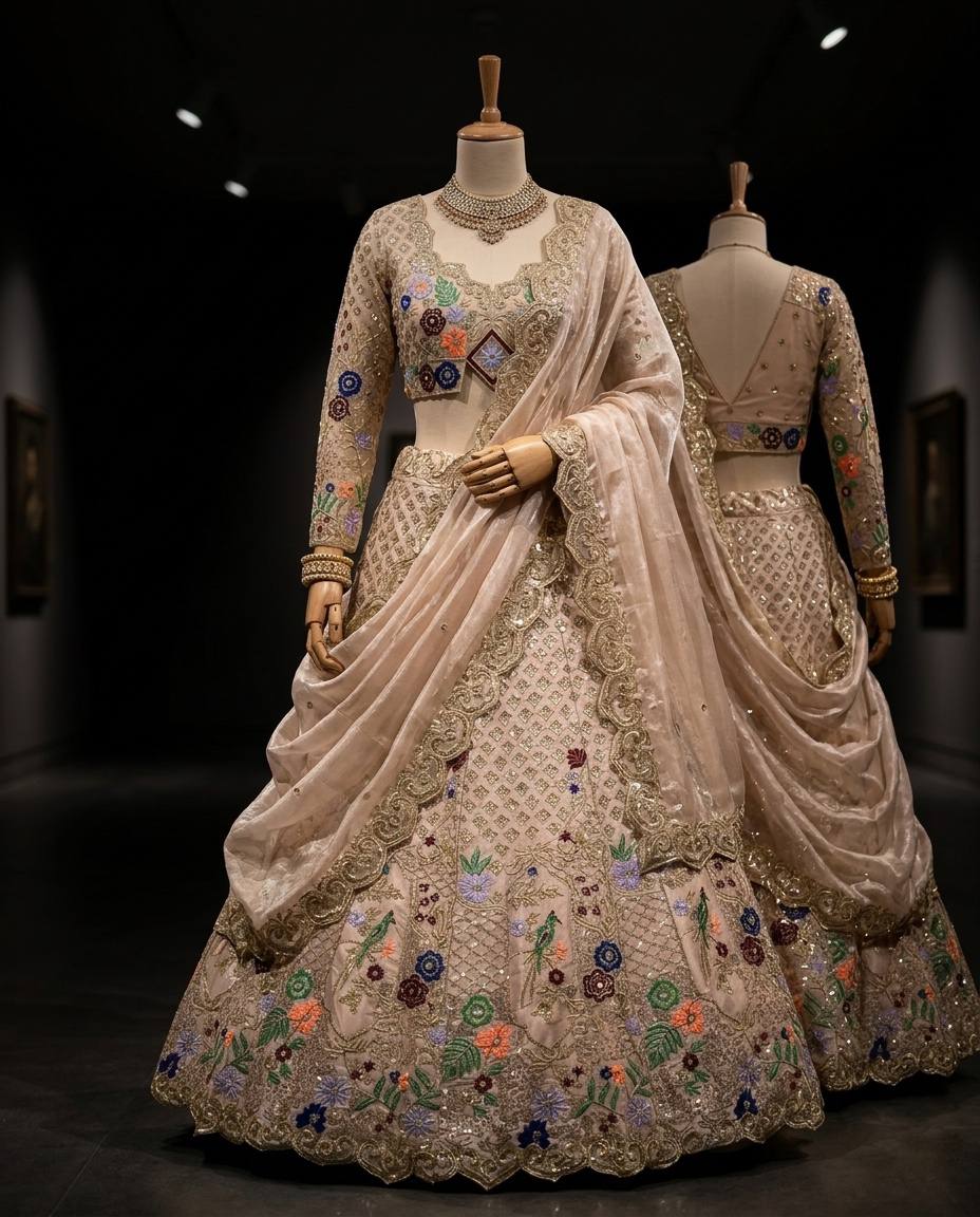 Elegant Cream Sequins Embroidered Lehenga Choli