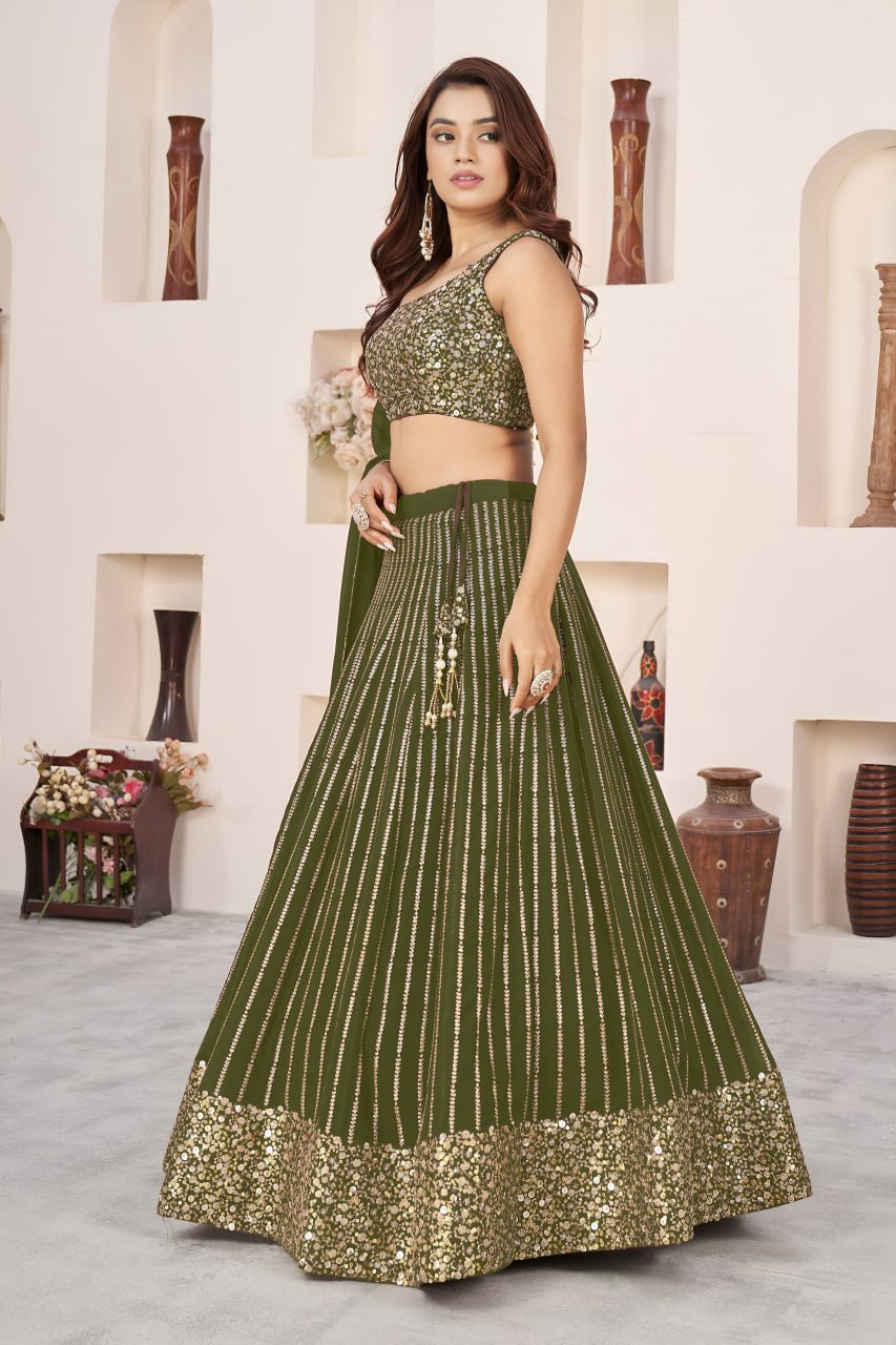 Elegant Olive Green Embroidered Georgette Lehenga Choli