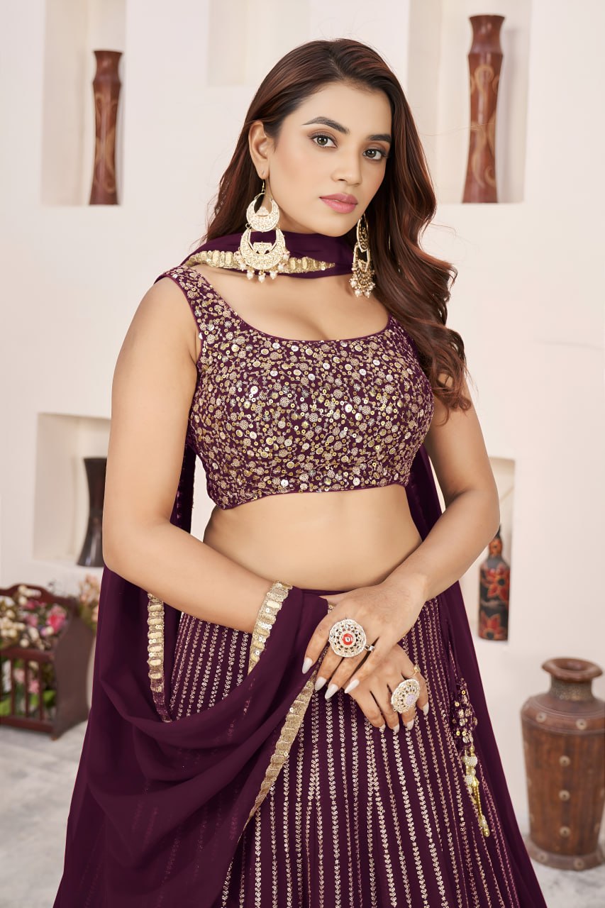 Gorgeous Wine Embroidered Georgette Lehenga Choli