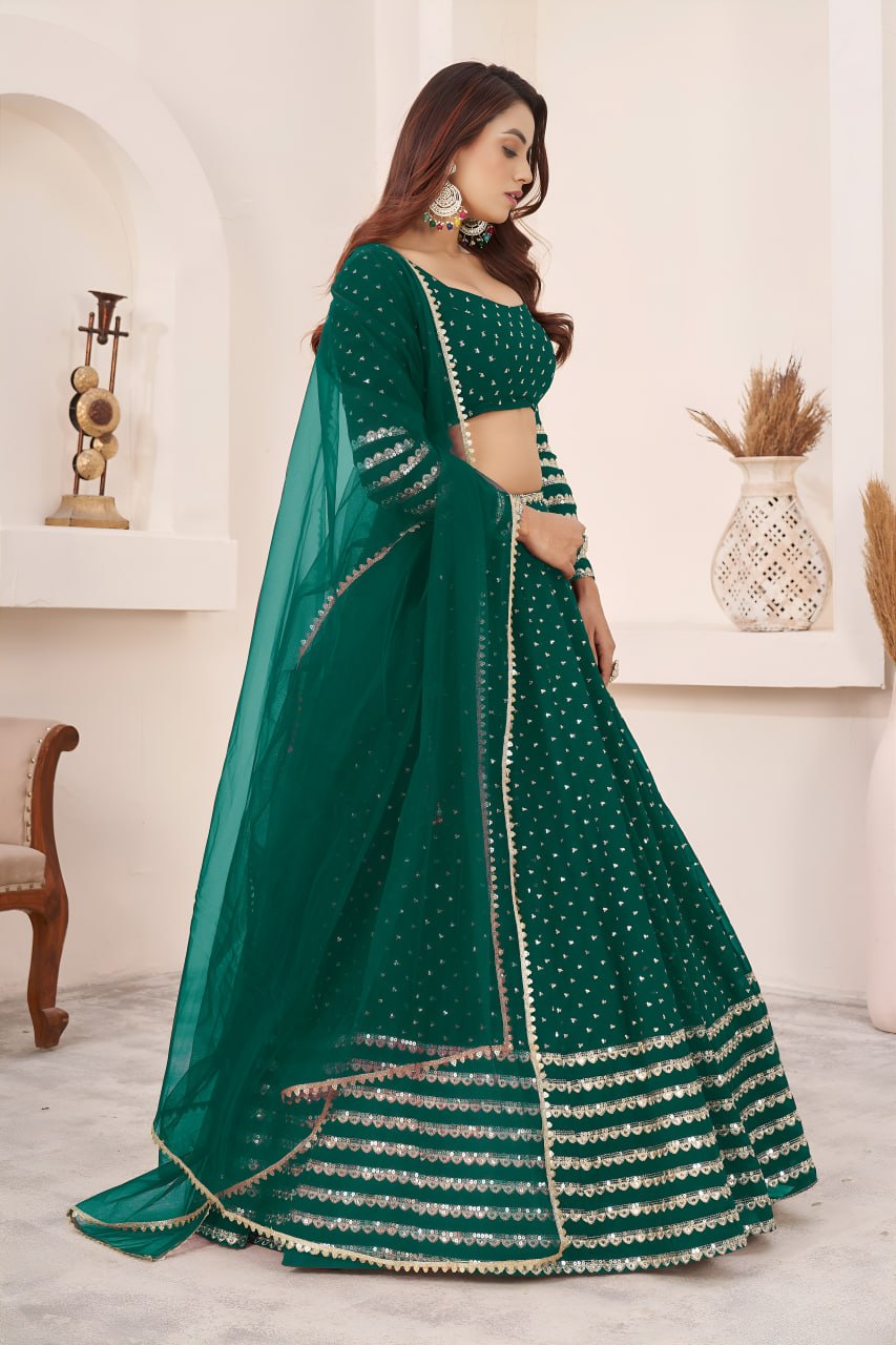 Elegant Teal Green Sequins Georgette Lehenga Choli