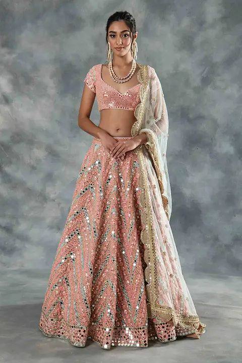 Peach Sequins Embroidered Soft Net Lehenga Choli