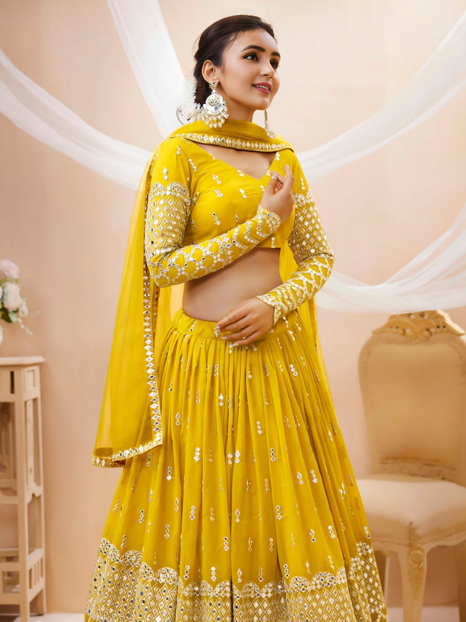 Yellow Color Sequins & Zari Georgette Semi-Stitched Lehenga Set