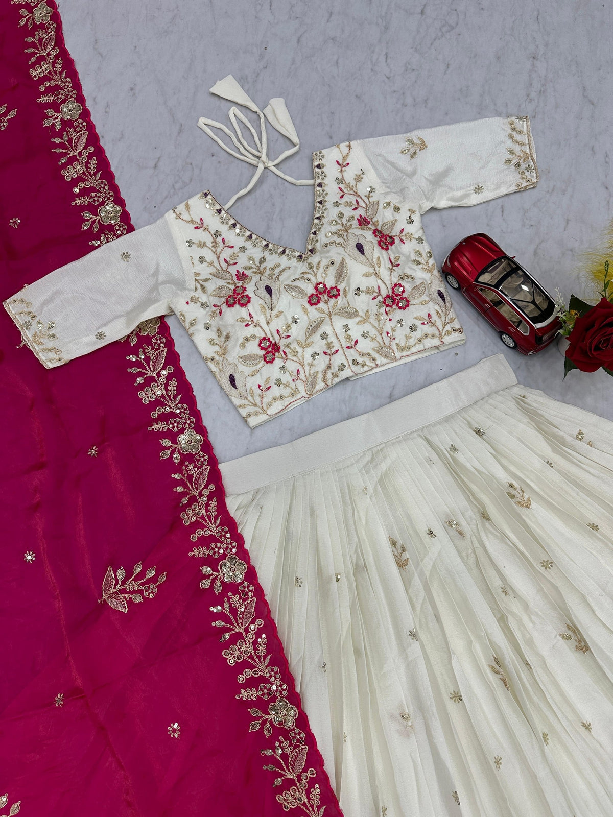 Pink And White Designer Chinon Lehenga Choli