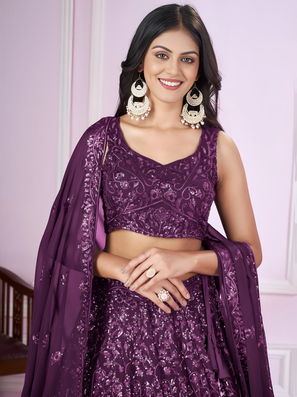 Buy Wine Purple Sequins Embroidered Designer Lehenga Choli Online