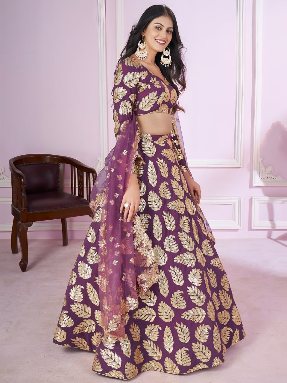 Buy Purple Georgette Lehenga Choli with Golden Sequins Leaf Work