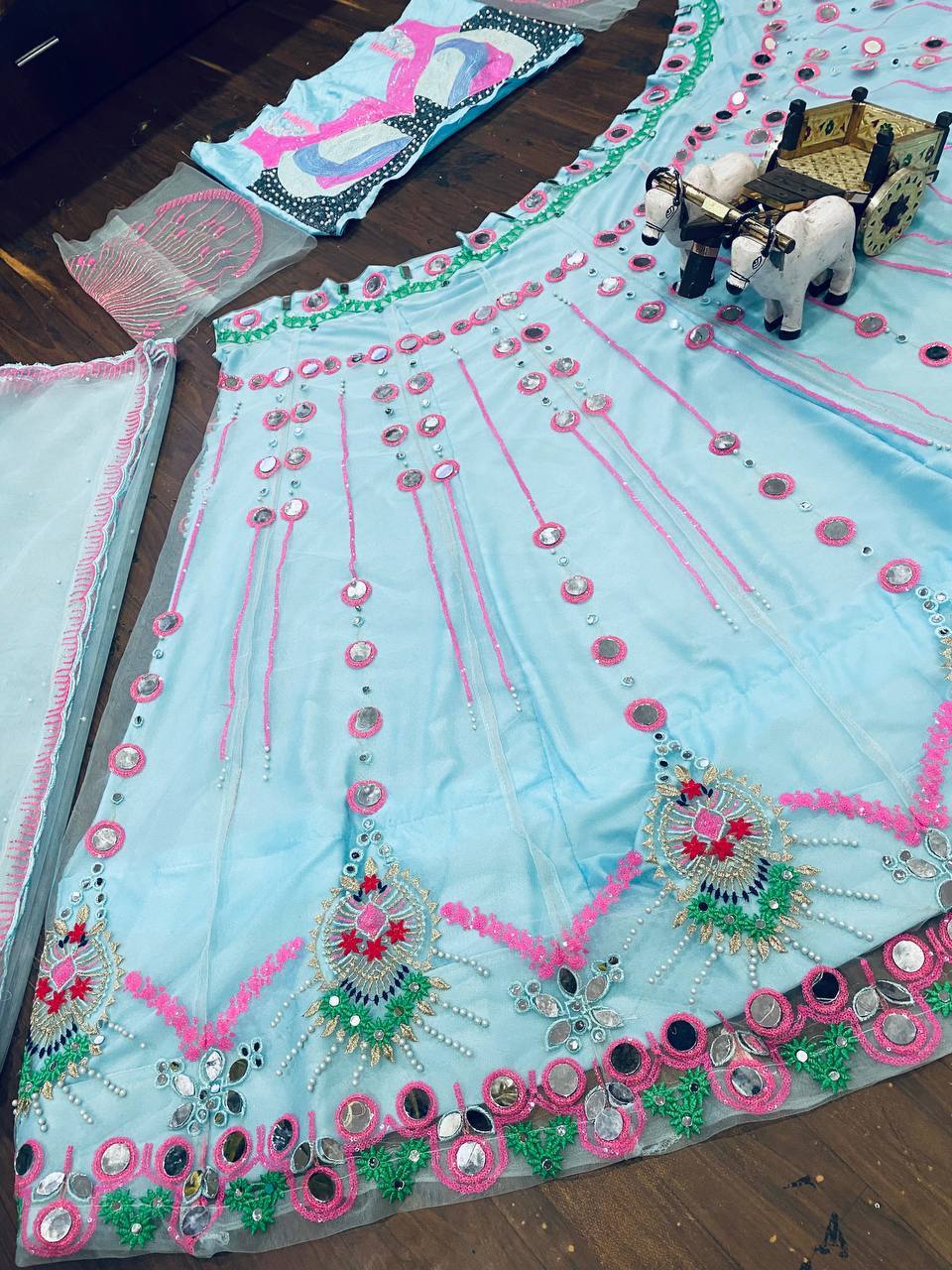 Sky Blue Butterfly Net Lehenga Choli with Real Mirror