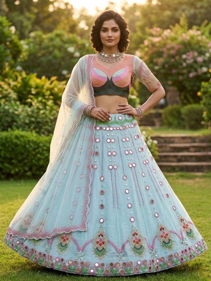Sky Blue Butterfly Net Lehenga Choli with Real Mirror