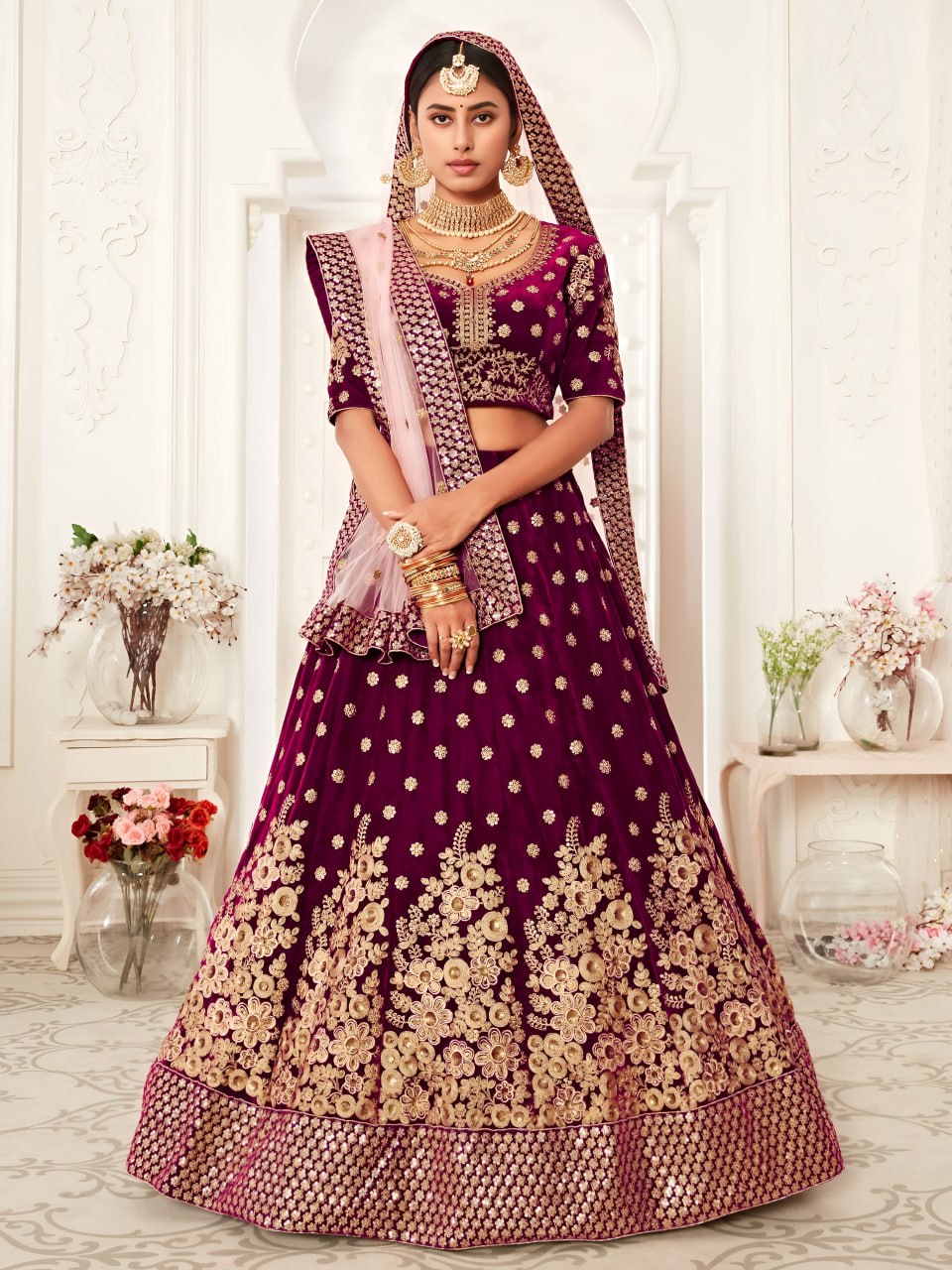 Buy Royal Purple Pure Velvet Bridal Lehenga Choli