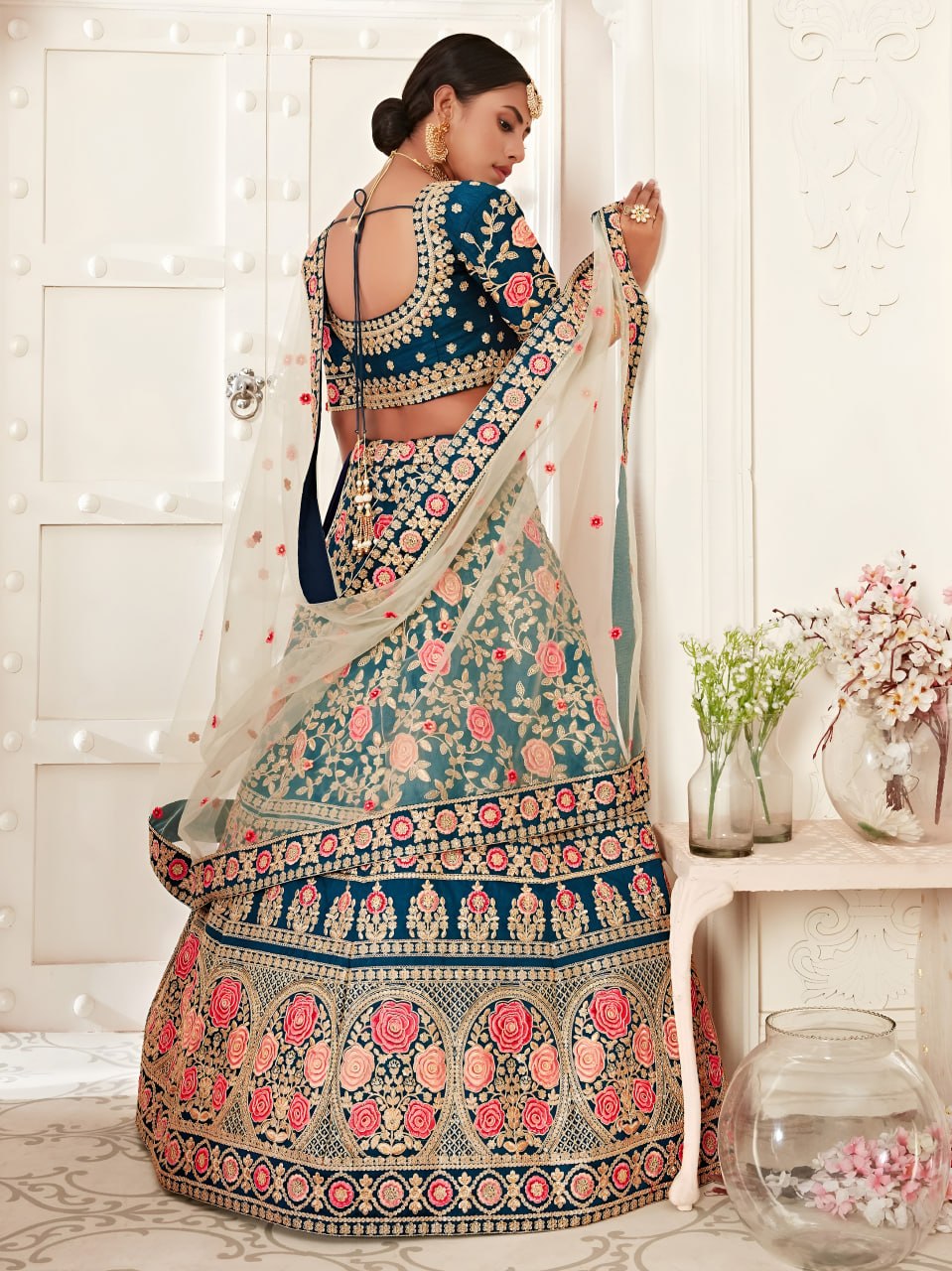 Buy Teal Blue Slub Silk Designer Wedding & FestiveLehenga Choli