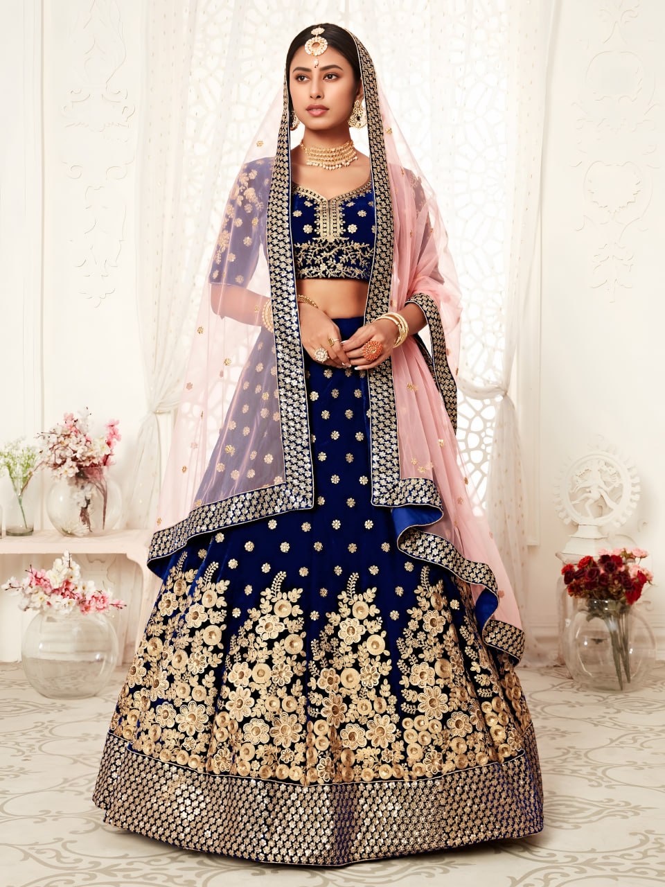 Buy Royal Blue Pure Velvet Bridal Lehenga Choli
