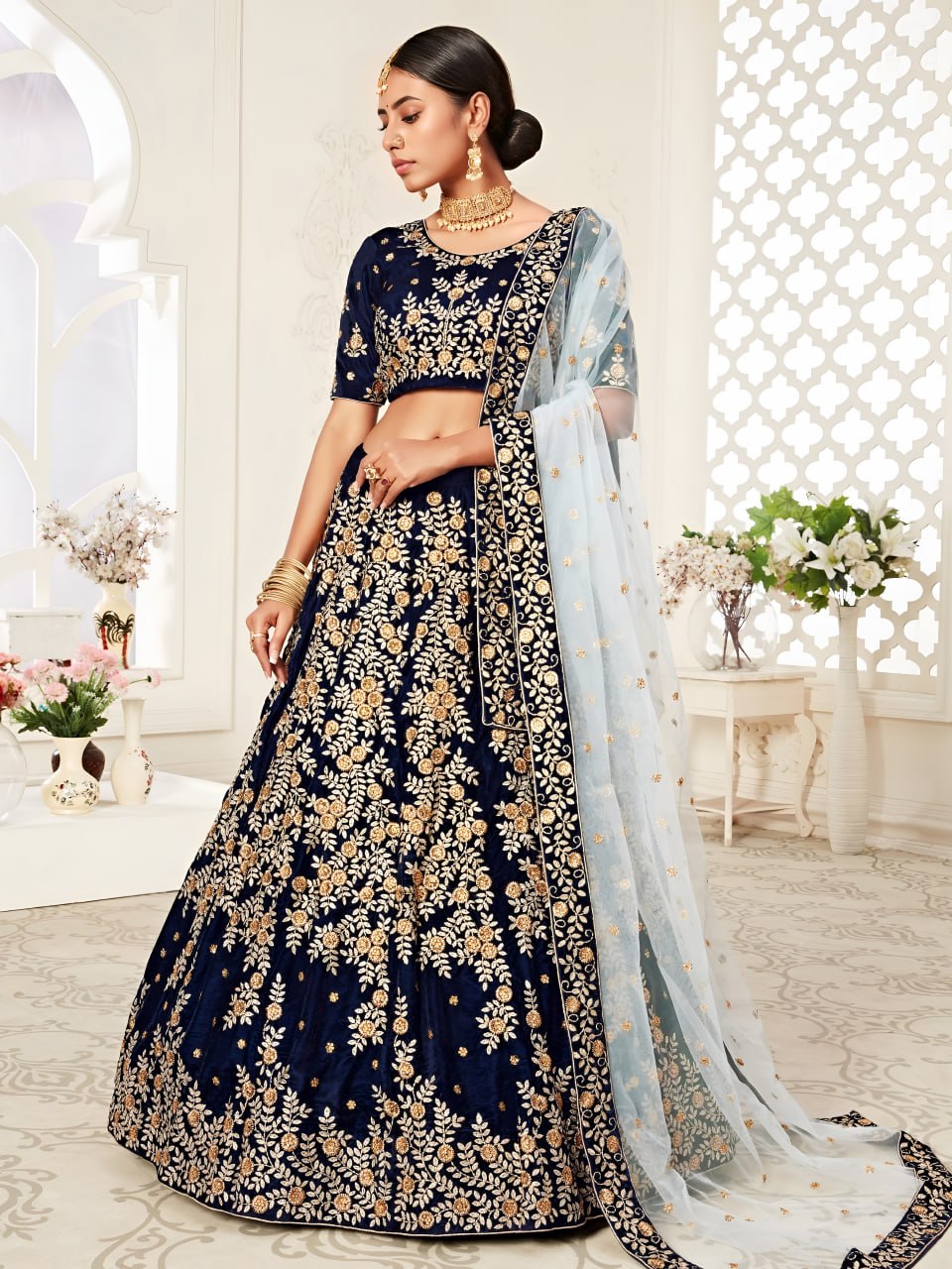 Buy Navy Blue Velvet Designer WeddingLehenga Choli