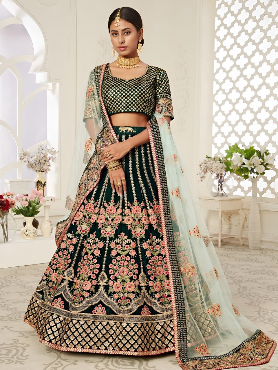 Buy Emerald Green Velvet Designer Wedding Lehenga Choli