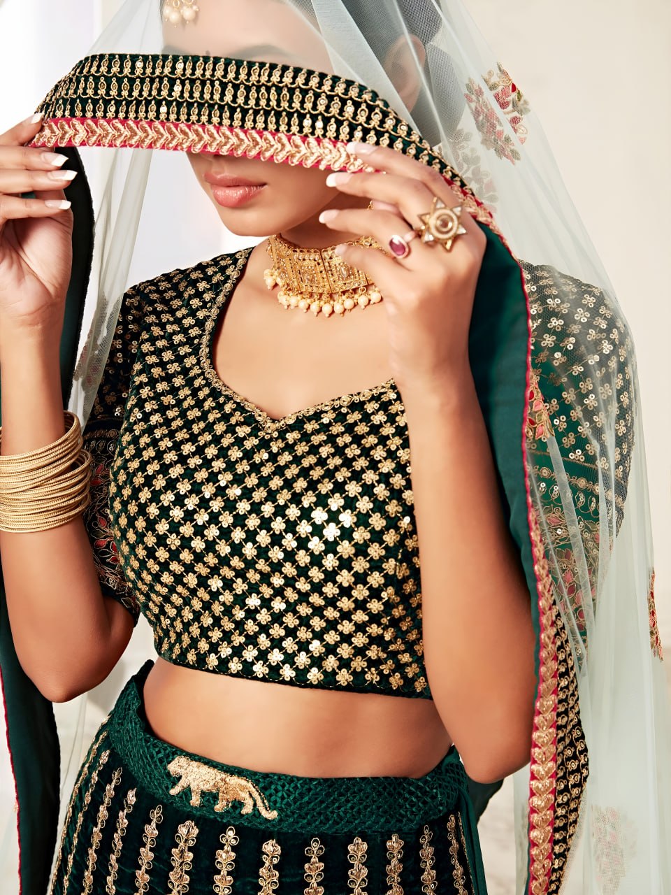 Buy Emerald Green Velvet Designer Wedding Lehenga Choli