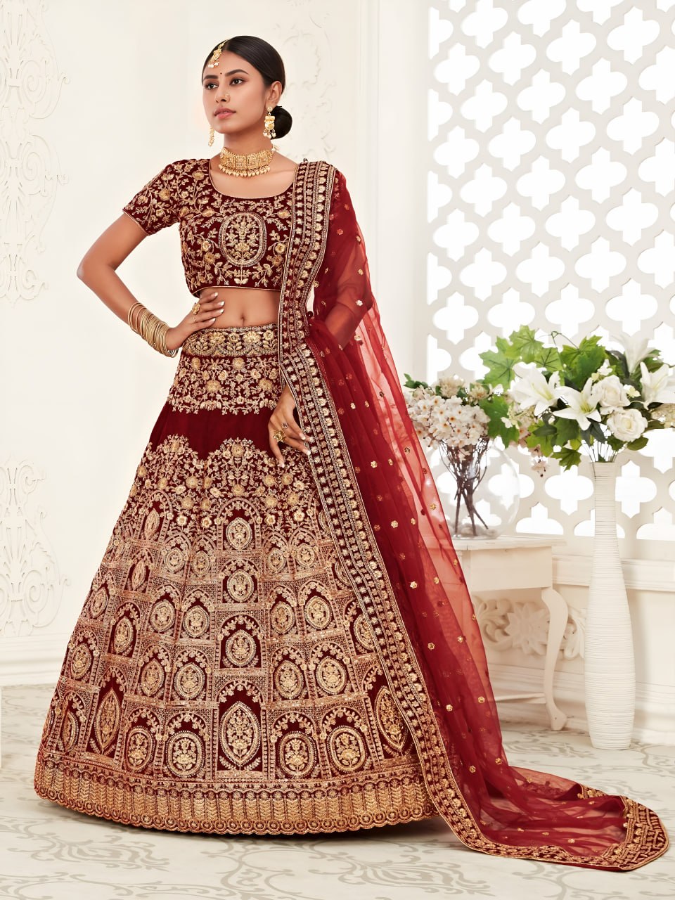 Buy Royal Maroon Zari Velvet Bridal Lehenga Choli Online