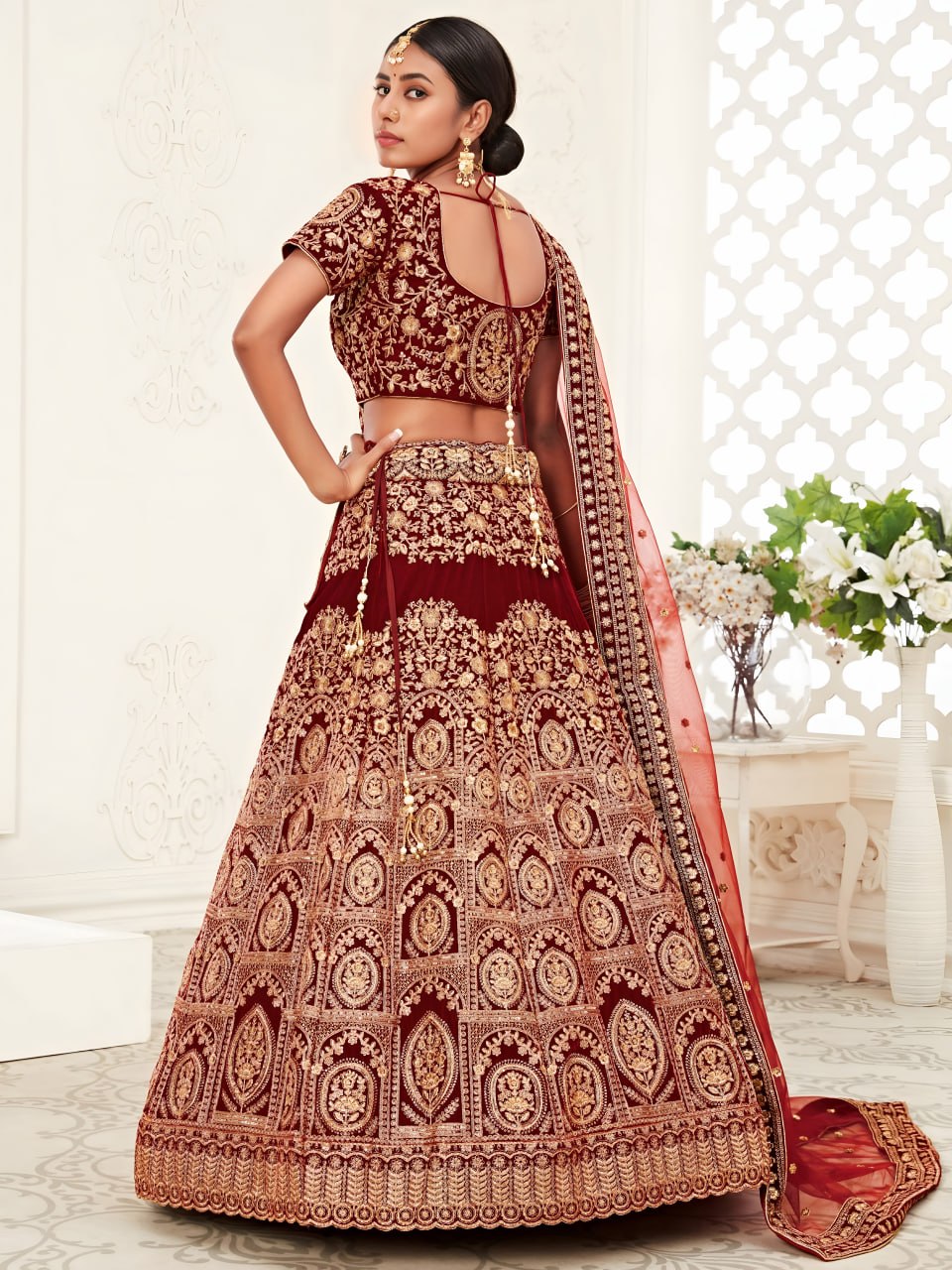 Buy Royal Maroon Zari Velvet Bridal Lehenga Choli Online