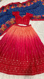 Designer Red With Blue Chinon Silk Lehenga Choli