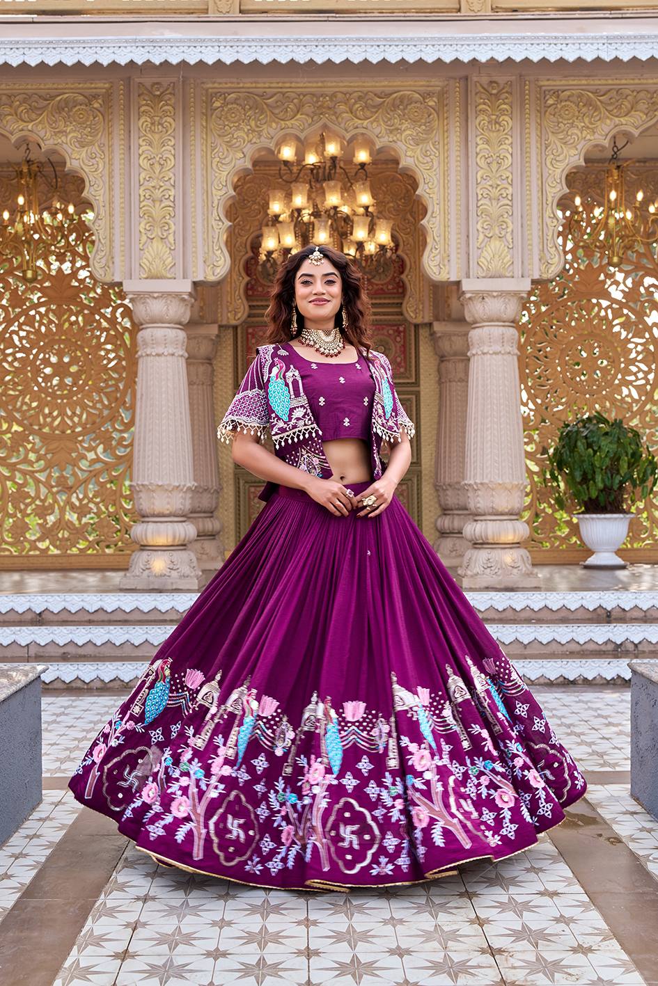 Purple Pure Vichitra Embroidered Lehenga Choli