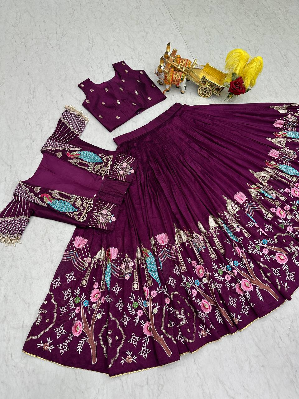 Purple Pure Vichitra Embroidered Lehenga Choli
