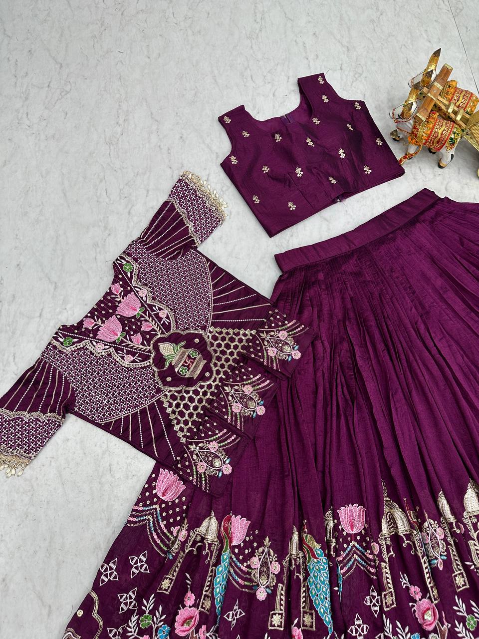 Purple Pure Vichitra Embroidered Lehenga Choli