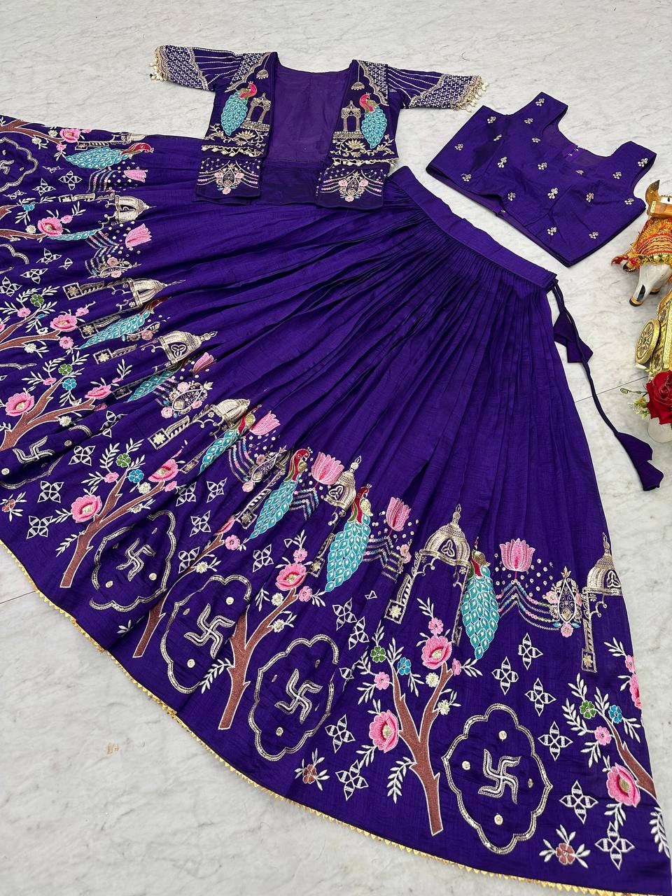 Royal Blue Pure Vichitra Embroidered Lehenga Choli