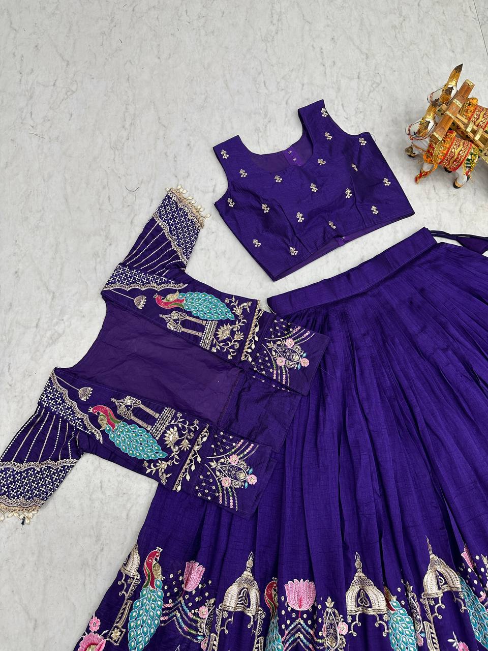 Royal Blue Pure Vichitra Embroidered Lehenga Choli