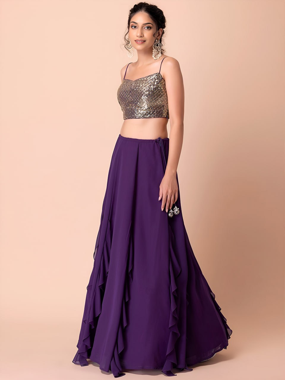 Buy Purple Sequins Work Ruffle Lehenga Choli Online