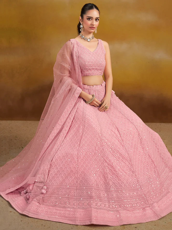 Pink Sequins Georgette Festival Wear Lehenga Choli