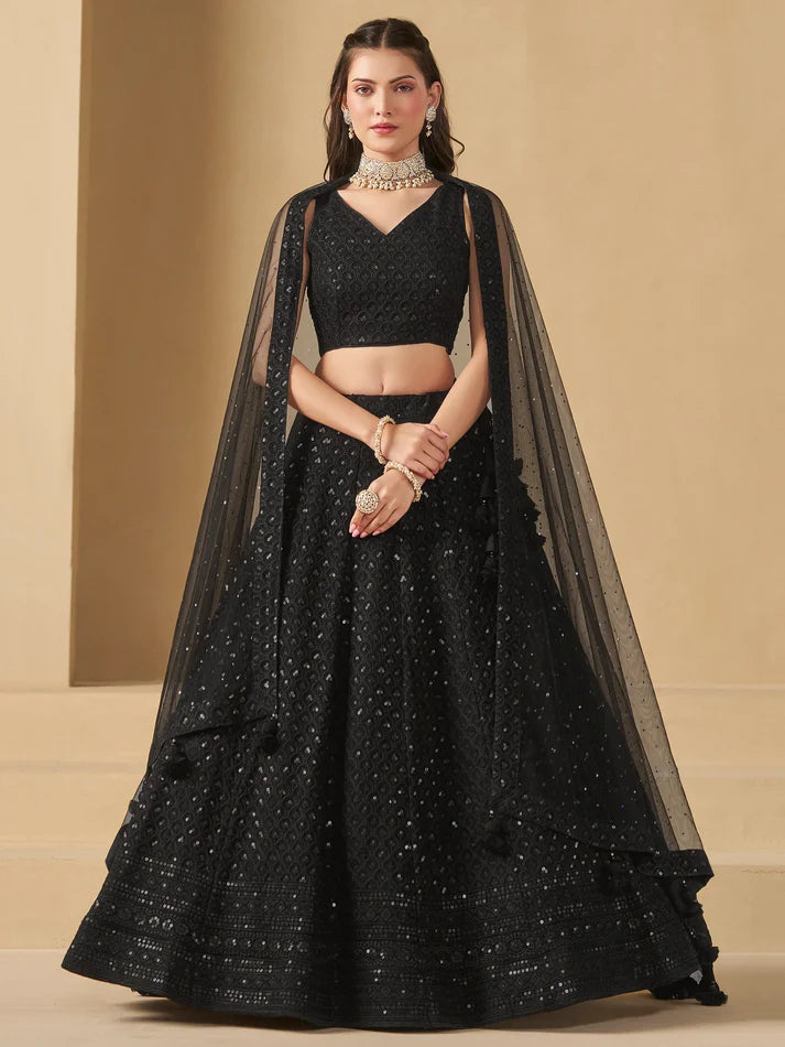 Black Sequins Georgette Reception Wear Lehenga Choli