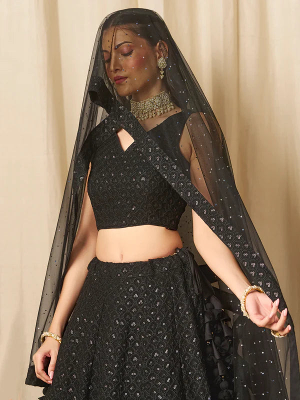 Black Sequins Georgette Reception Wear Lehenga Choli