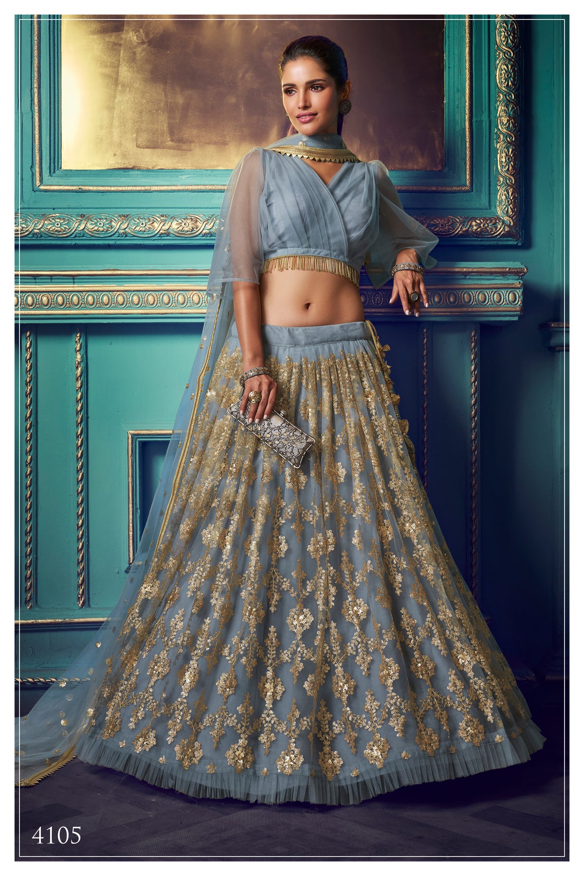 Dusty blue color designer embroidary sequence work lehenga choli - Joshindia