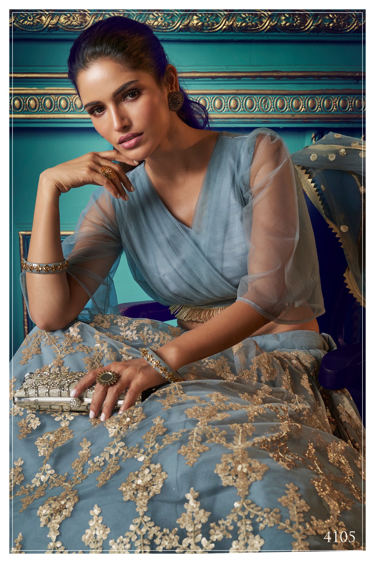 Dusty blue color designer embroidary sequence work lehenga choli - Joshindia