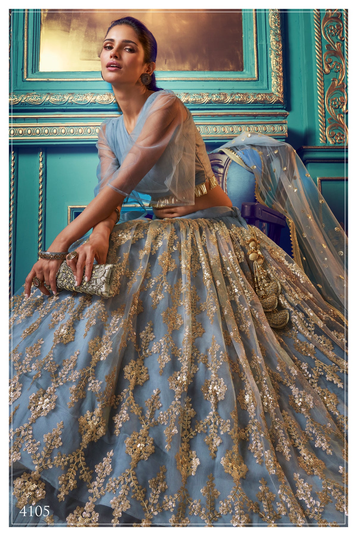 Dusty blue color designer embroidary sequence work lehenga choli - Joshindia