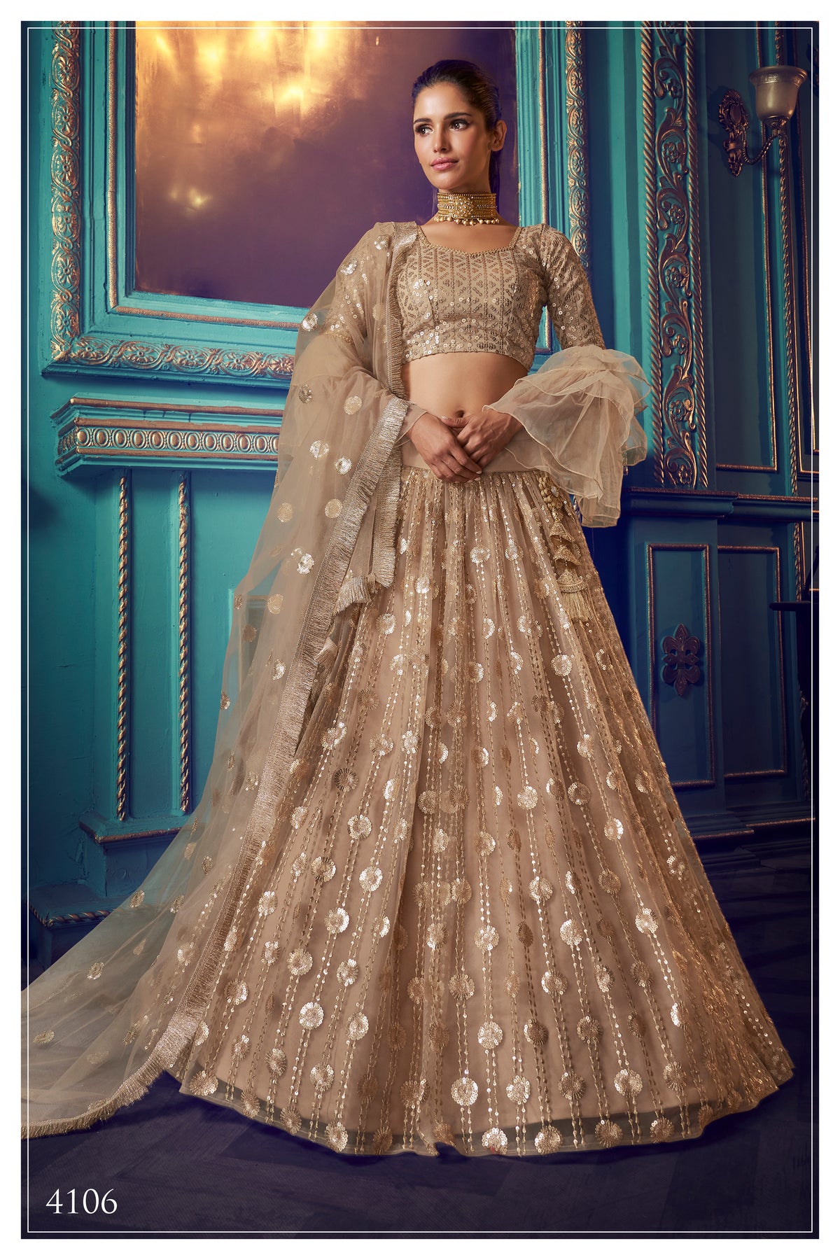 Golden beige color trendy sequence lehenga choli buy it now - Joshindia