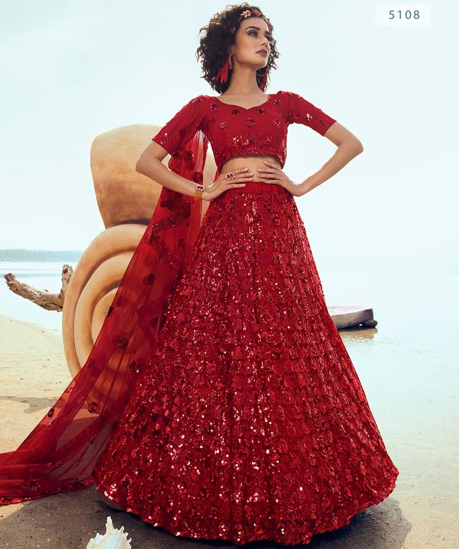 red color designer net sequins work lehenga choli - Joshindia