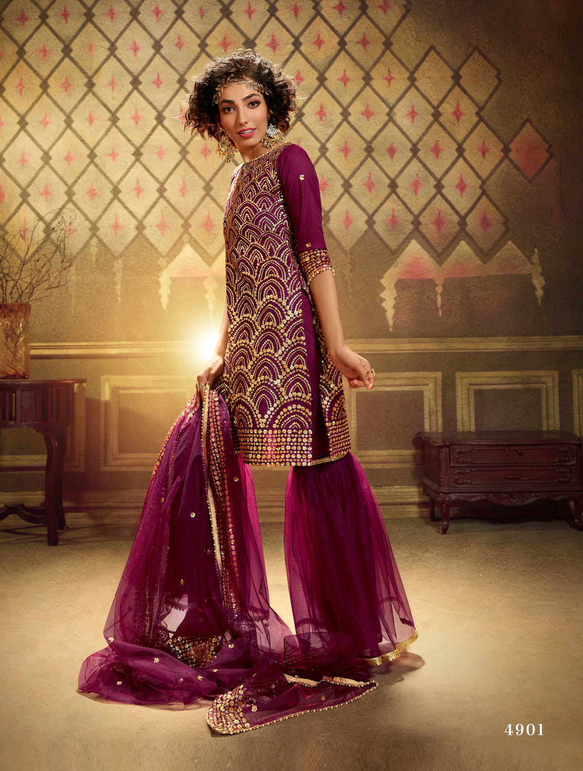 purple color georgette satin sharara style suit - Joshindia