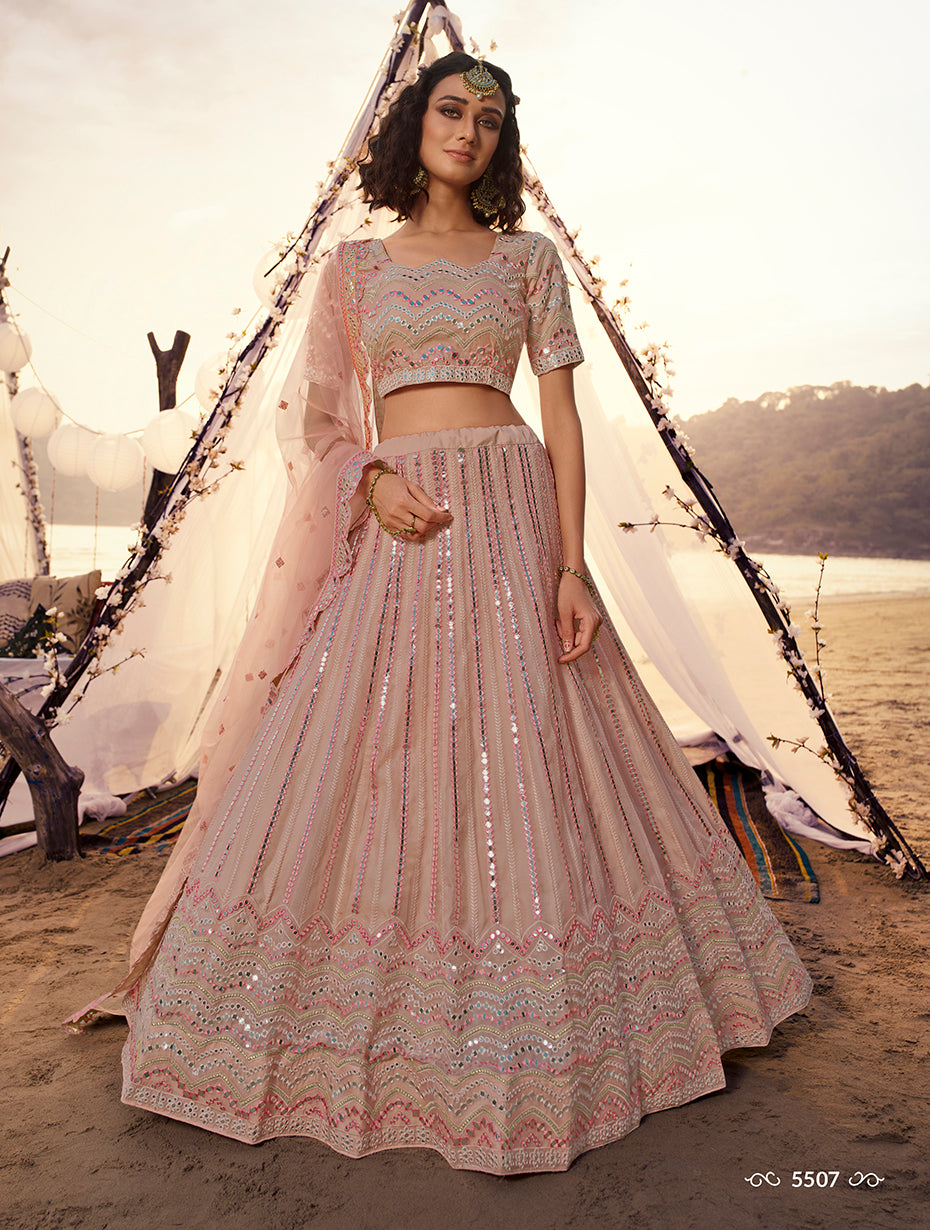 New designer mirror work lehenga choli buy now in peach color - Joshindia