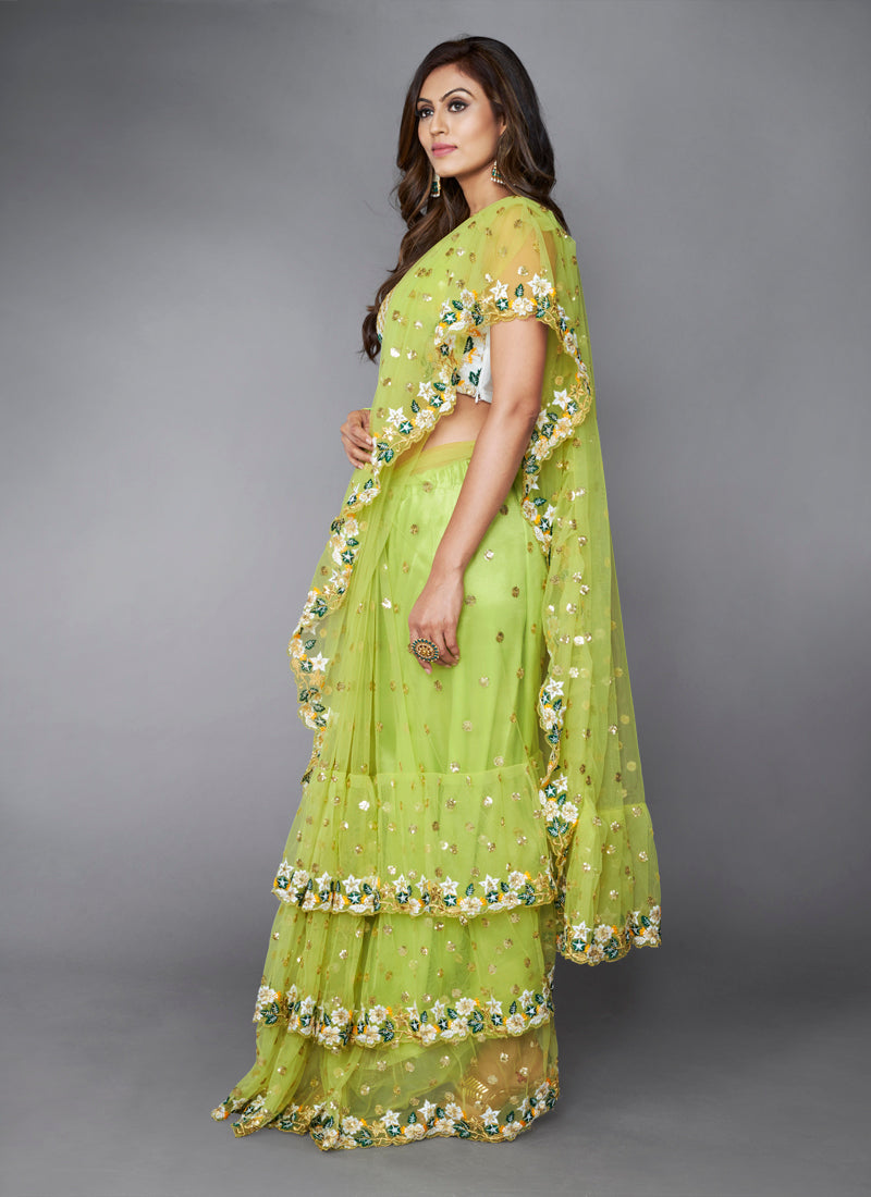 Beautiful Green color soft net ruffle saree for wedding - Joshindia