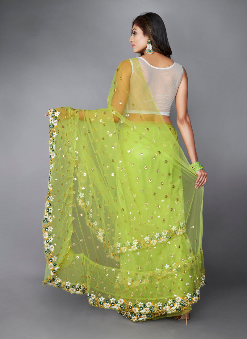 Beautiful Green color soft net ruffle saree for wedding - Joshindia