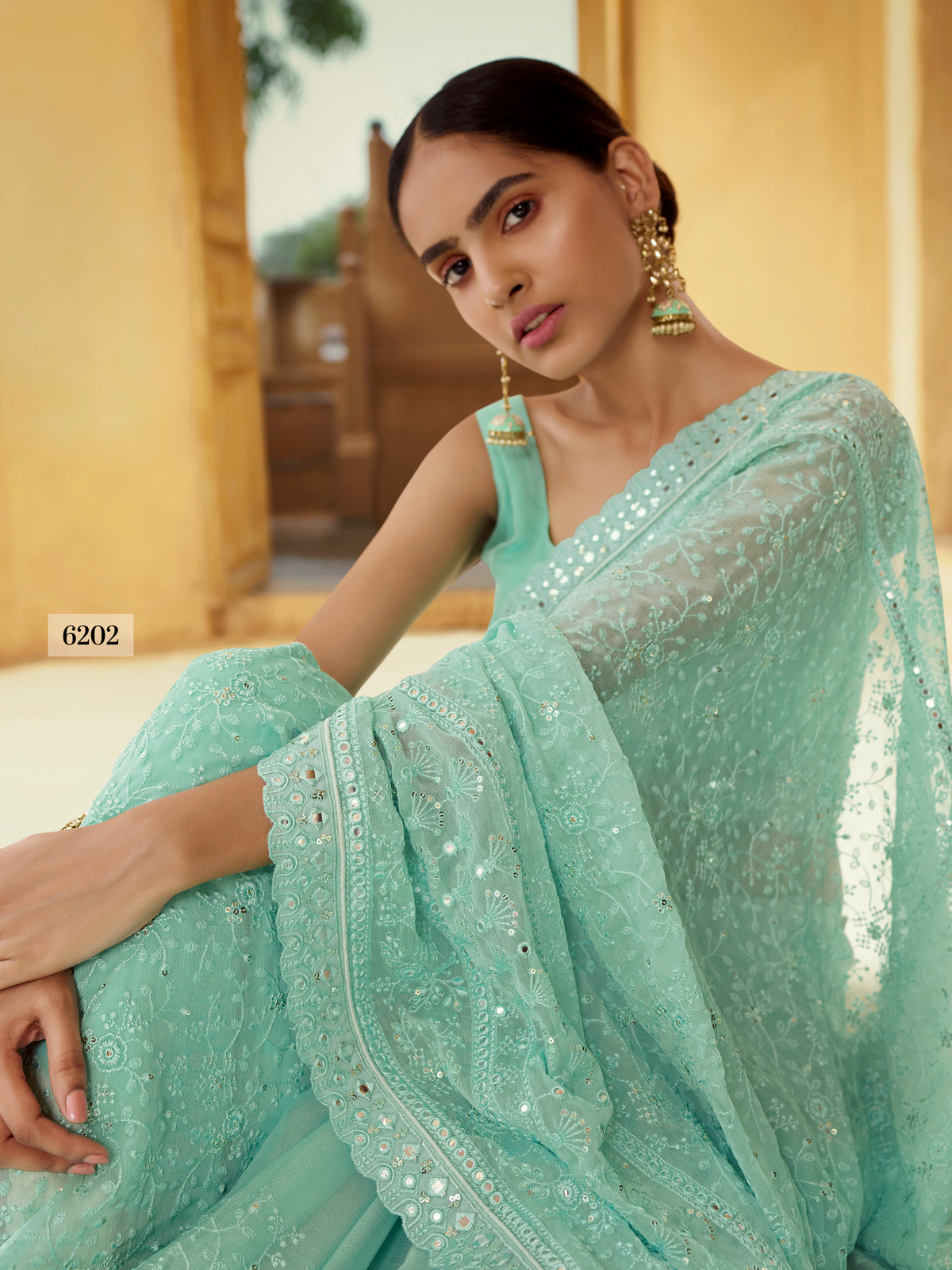 Amazing Green color Designer Georgette saree with blouse - Joshindia