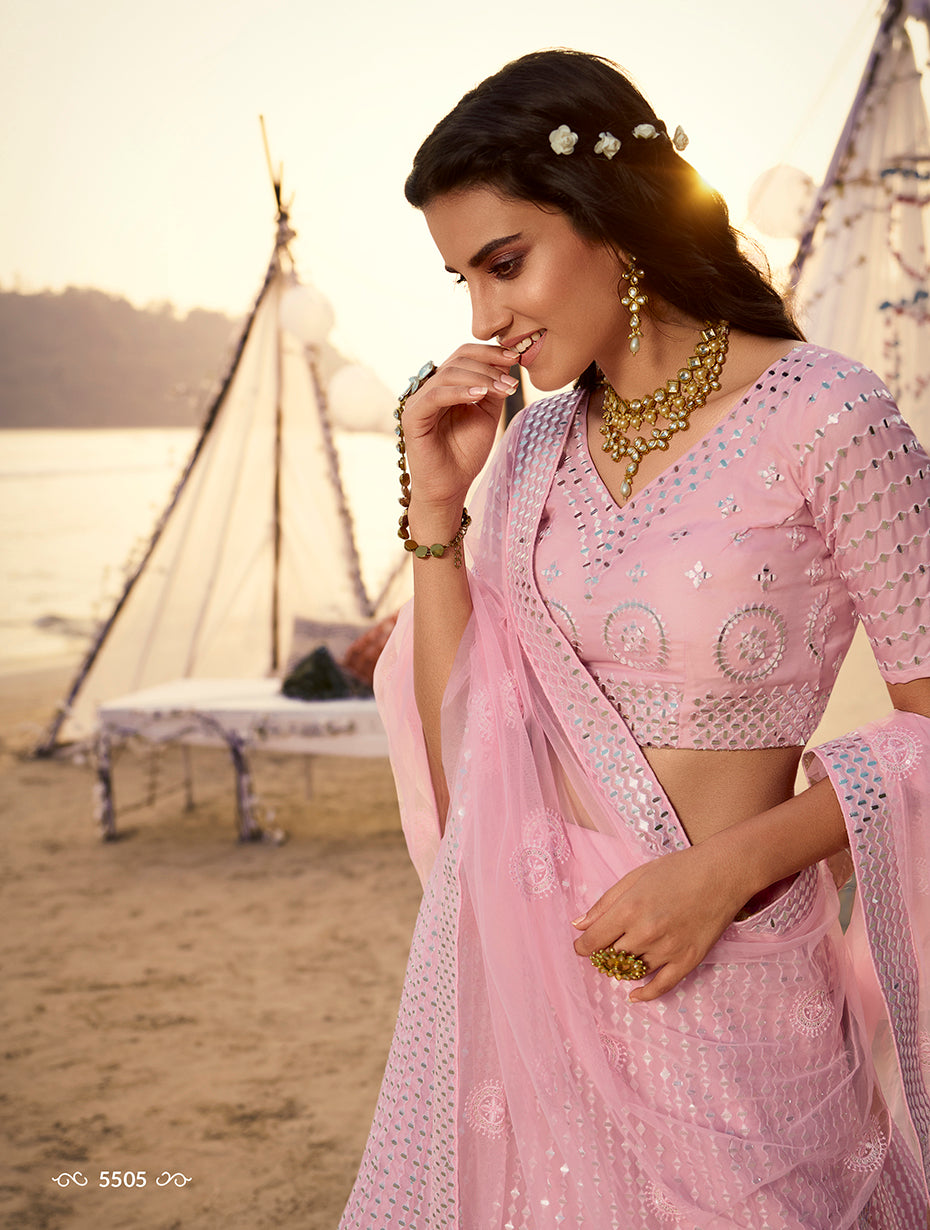 Trending designer mirror work lehenga choli buy now light pink color