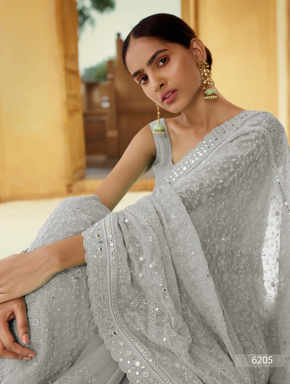 Natural Grey Color heavy designer saree - Joshindia