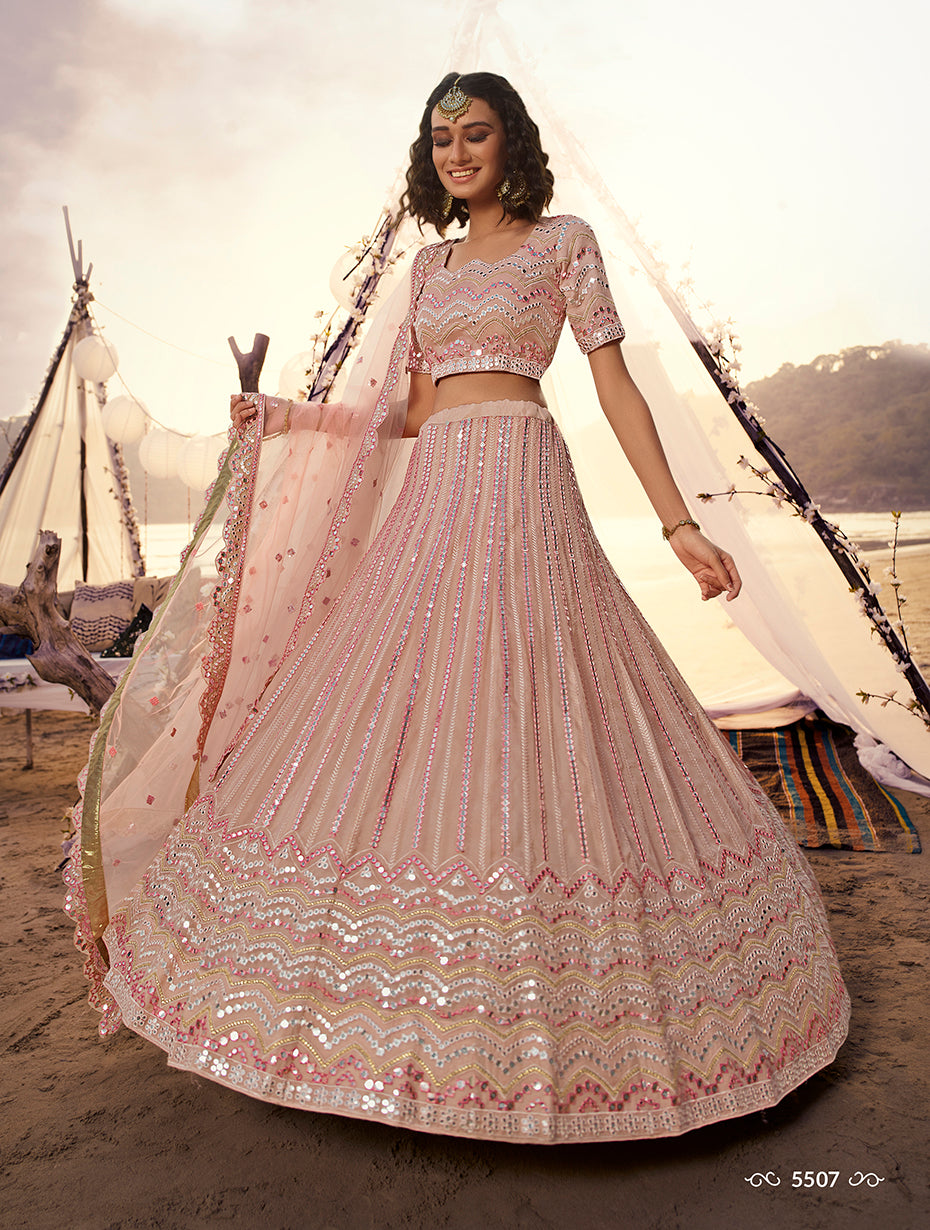 New designer mirror work lehenga choli buy now in peach color - Joshindia