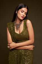 Mehendi green designer sequins saree for wedding and reception - Joshindia