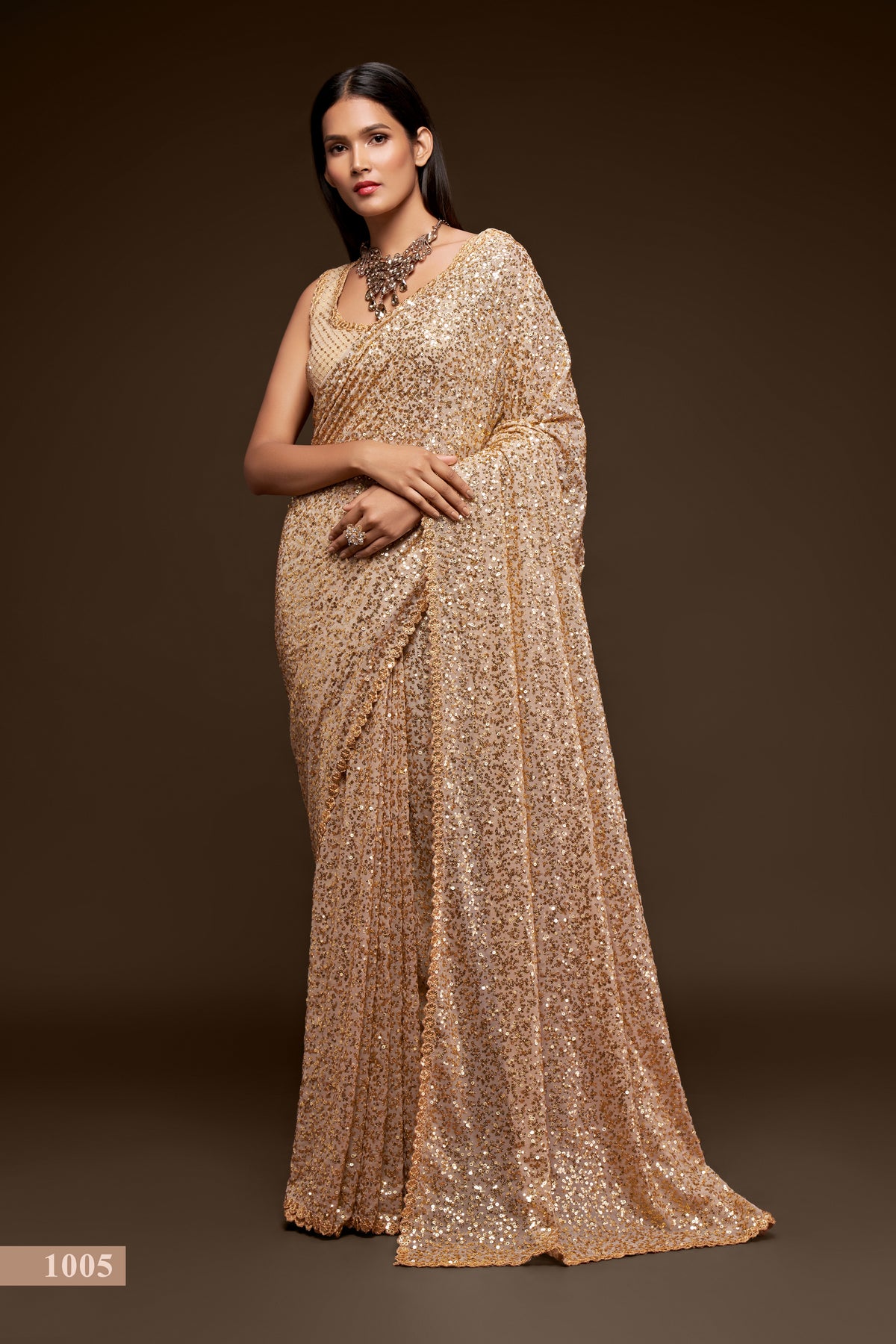 Golden designer sequin saree for wedding and reception - Joshindia