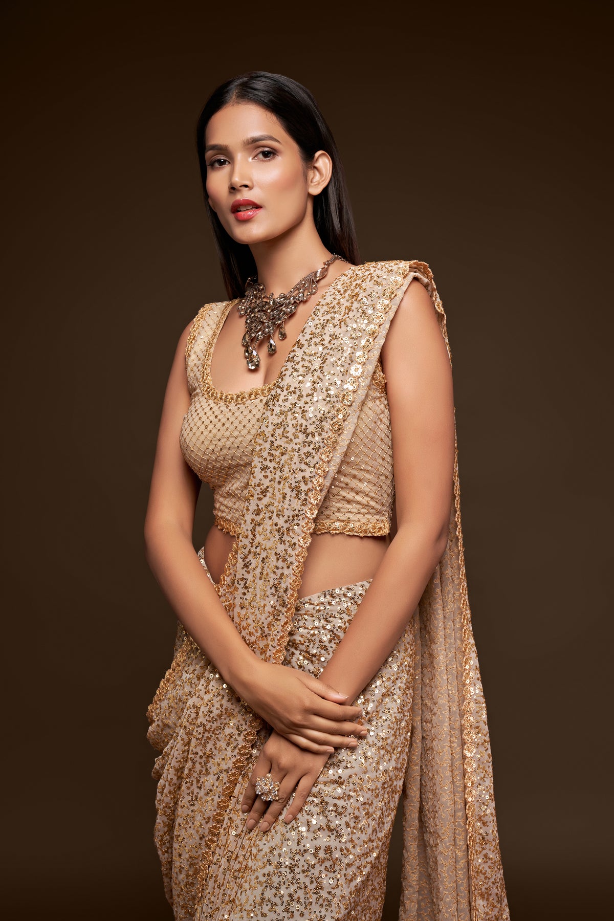 Golden designer sequin saree for wedding and reception - Joshindia