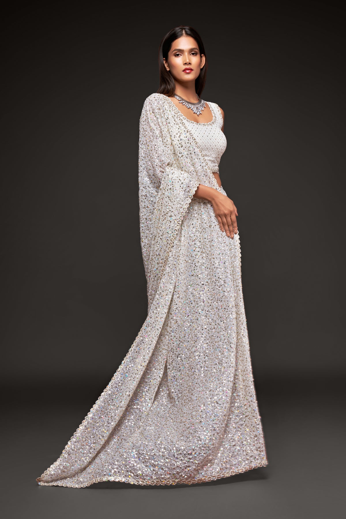 White designer sequin saree for wedding and reception - Joshindia